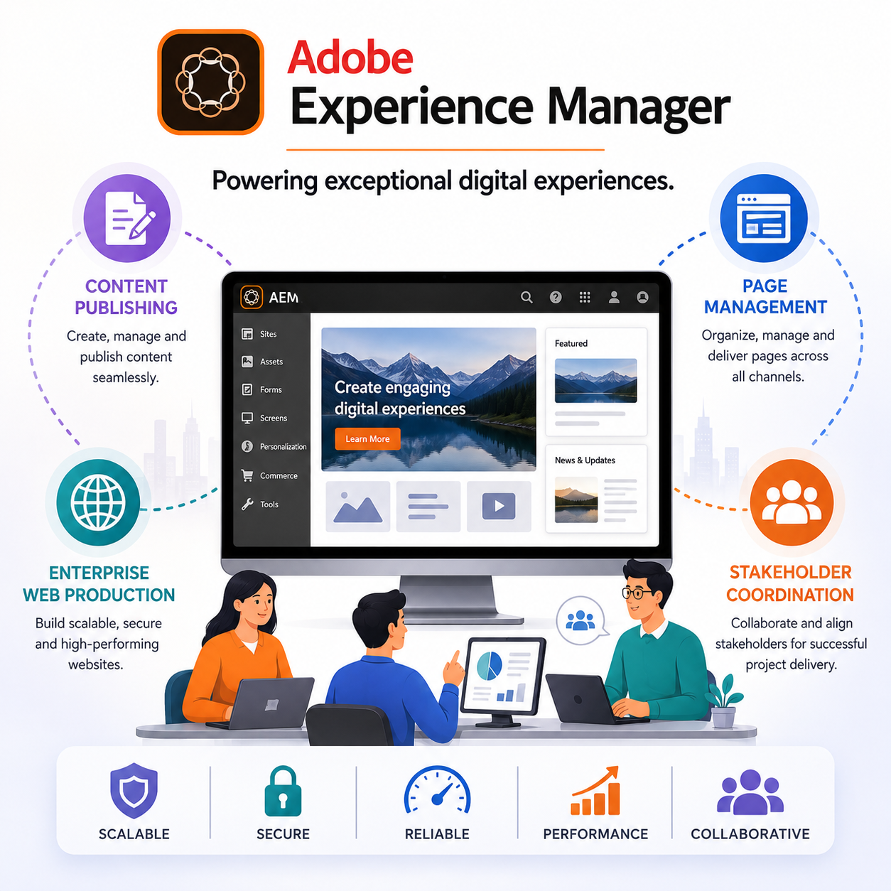 AEM - Content publishing, page management, enterprise web production, stakeholder coordination.