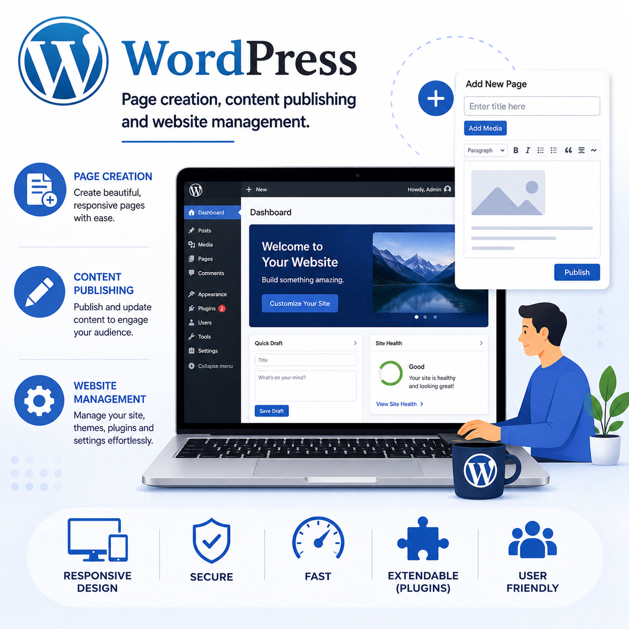 WordPress - Page creation, content publishing and website management.
